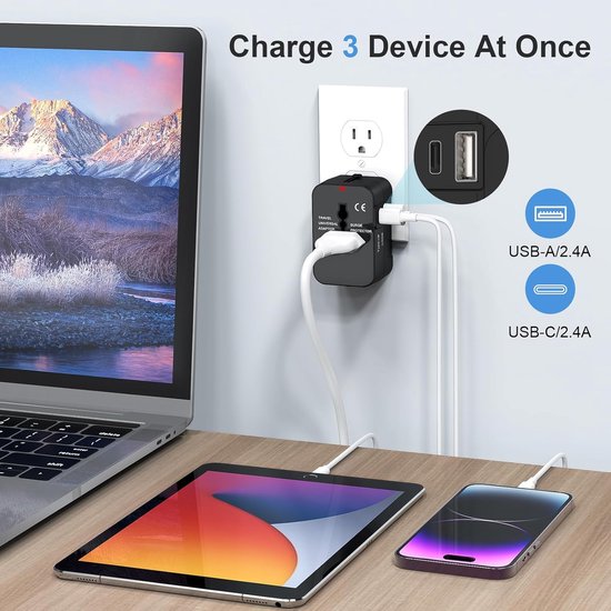 JMFONE Reisadapter, Universal Travel Adapter, Internationale Stekkeradapter Met 4 USB En 1 AC, Universele Wereldstekker, Reis Stekker for UK EU US AUS enz. 200 naties