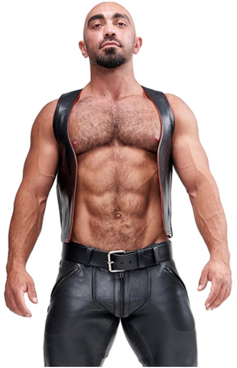 Mister B leren muscle vest met embleem - zwart/rood - Large