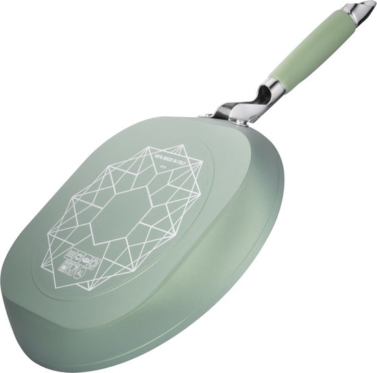 Lichtgroene grillpan, onderkant met geometrisch patroon en tekst '100% MADE IN ITALY'.