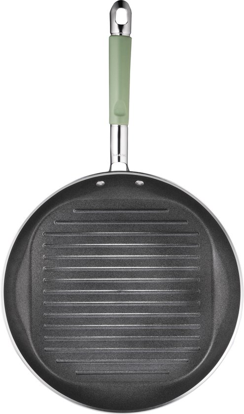 Zwarte grillpan met prominente ribbels en een lichtgroen handvat.