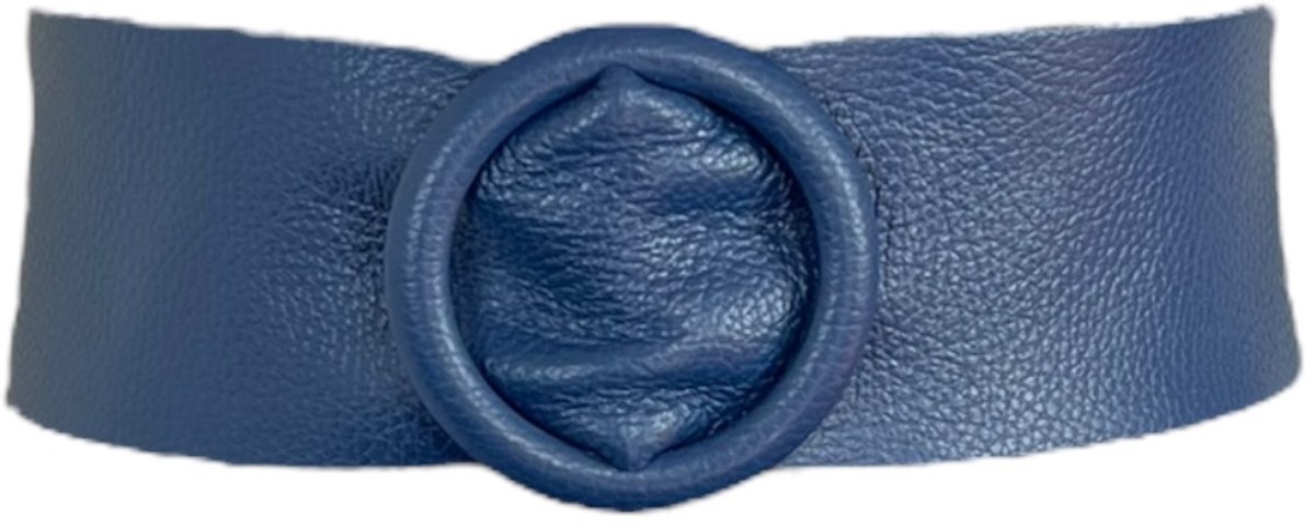 (Donker) Middelblauwe Brede Leren Riem Ronde Gesp - Taille Riem - Leer Leder - Brede Dames Riemen Ceinturen - (Donker) Middelblauw
