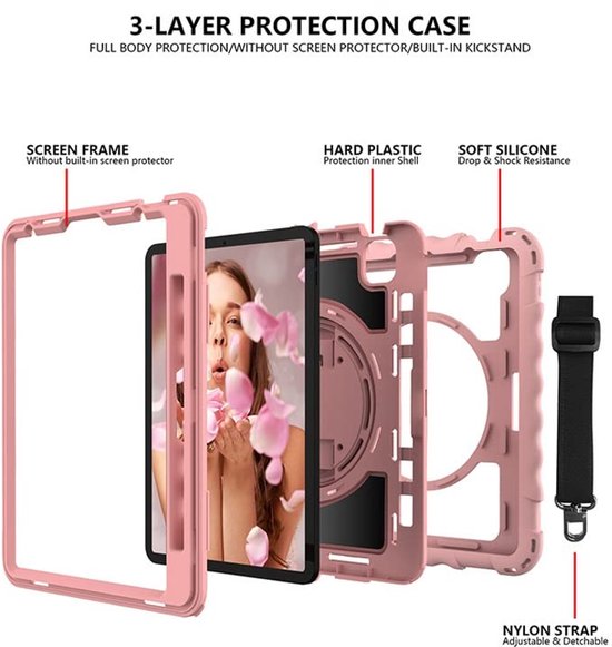 Étui pour iPad Pro 11 2021 / iPad Air 5 – Étui de protection camouflage robuste avec protection d'écran, porte-stylo, poignée rotative à 360°, béquille et bandoulière – Housse hybride 3 couches pour tablette – armée
