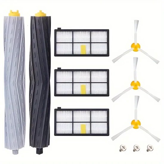 Set van twee rubberen rollenborstels, drie HEPA filters en drie zijborstels met gele accenten. Ook twee schroeven.