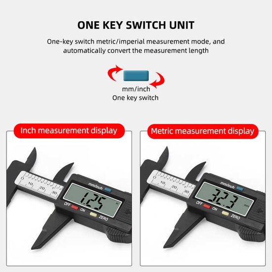 Digitale schuifmaat met display in inch (1.25) en metric (32.3) met één toets bediening.