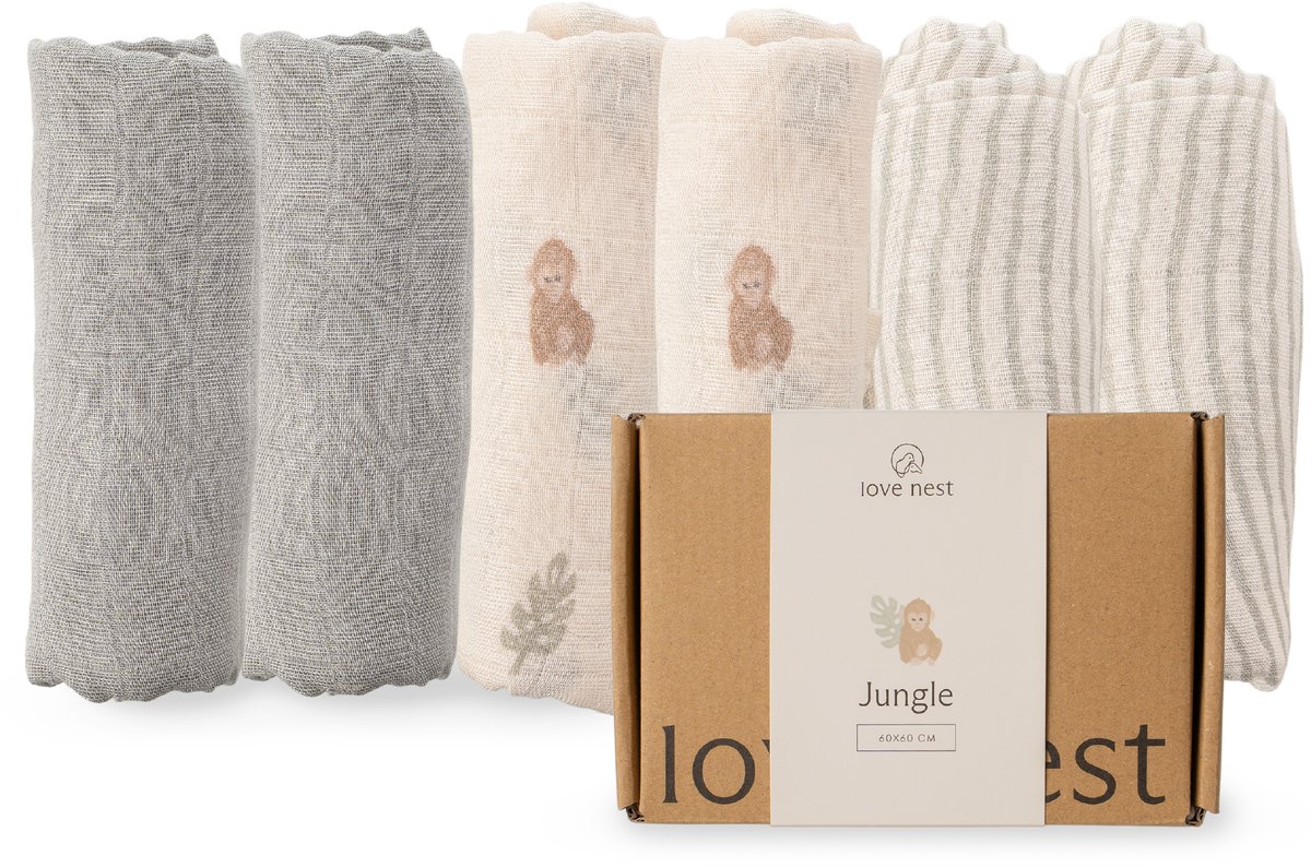 Love Nest Hydrofiele Doeken Jungle – 60x60 cm – Set van 6 – Tetradoeken Baby – Ultra Zacht & Absorberend – Voor Jongens en Meisjes – Kraamcadeau