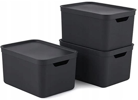 Lot de 3 boîtes de rangement Rotho Jive 16 l avec couvercle, plastique (PP recyclé), noir/anthracite, 3 x 16 (35 x 25 x 20 cm)