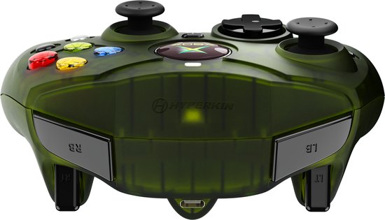 Doorzichtige groene Xbox controller met zwarte knoppen en de Xbox-logo in het midden.