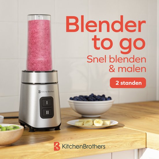 KitchenBrothers Mini Blender - Blender to Go - 2 Standen - Smoothie Maker - 2 To-Go Bekers 600 ml - Zwart van KitchenBrothers — afbeelding 2