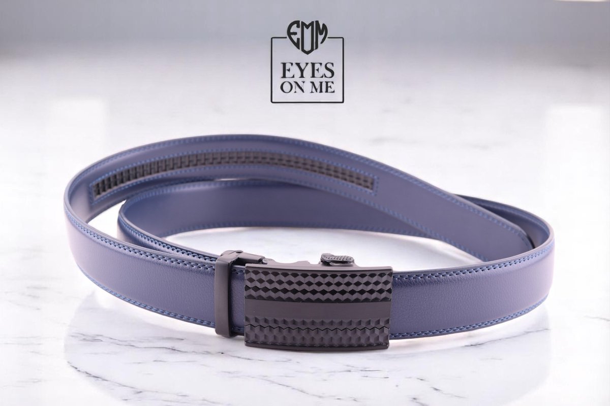 Blauwe lederen riem zonder gaatjes met automatische gesp voor heren ( model N031 )