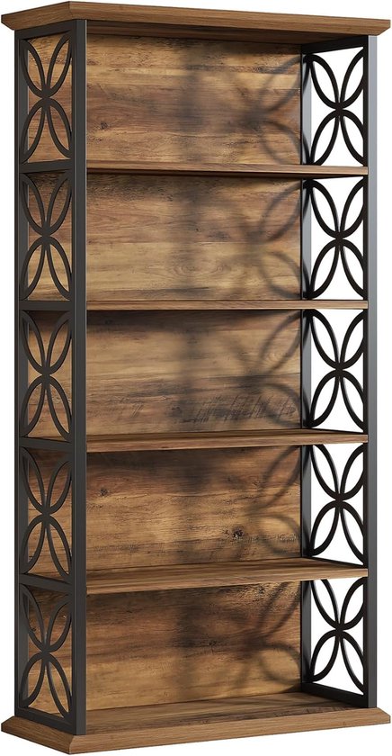 Bruine houten boekenkast met zwart metalen frame, met decoratieve cirkelpatronen aan de zijkanten.