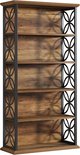 Bruine houten boekenkast met zwart metalen frame, met decoratieve cirkelpatronen aan de zijkanten.