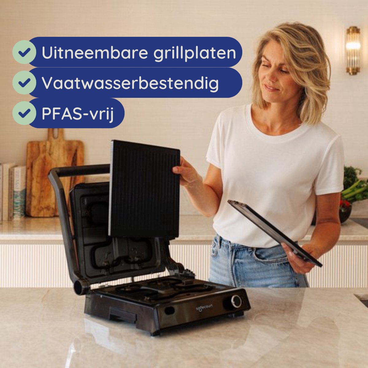 Safecourt Kitchen Tosti apparaat – Paninigrill en Tosti ijzer – Uitneembare PFAS-vrije platen & vaatwasserbestendig – Groot grilloppervlak – snel warm (2000W) – Contactgrill — cadeau in Kookcadeaus - foto 3