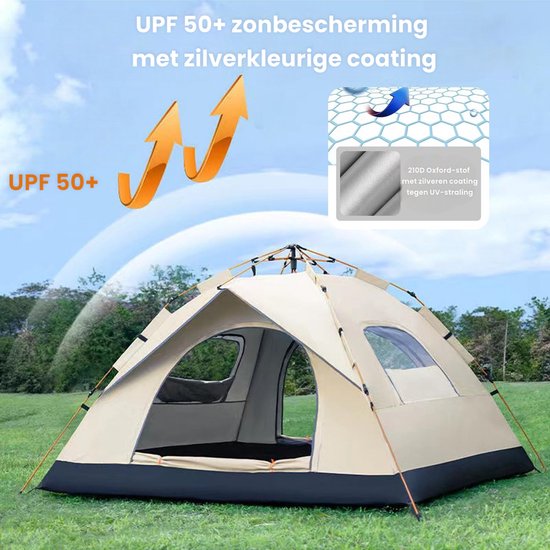 Dutchers® Pop-Up Tent 2-3 Personen - Automatische Tent voor Kamperen, Reizen, Strand & Hiking - Campingtent - Kampeertent - Koepeltent - UPF 50+ - UV Bestendig - Waterdicht & Ventilerend - Inclusief Draagtas, Haringen & Touwen van Dutchers — afbeelding 4