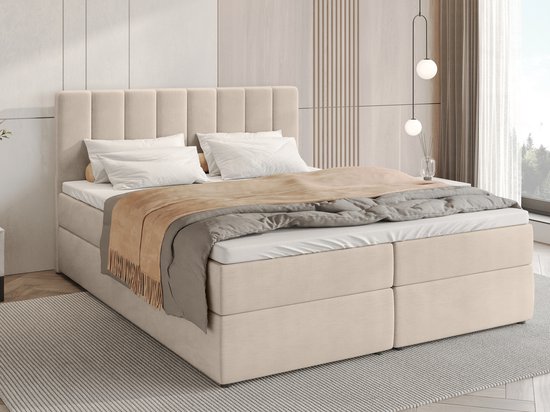 BROMARKT Boxspringbed met Opbergruimte DENVER - 140 x 200 cm - Beige - Hardheidsgraad H3 - Gestoffeerd Bed met Bonell Matras en Topper - Tweepersoonsbed