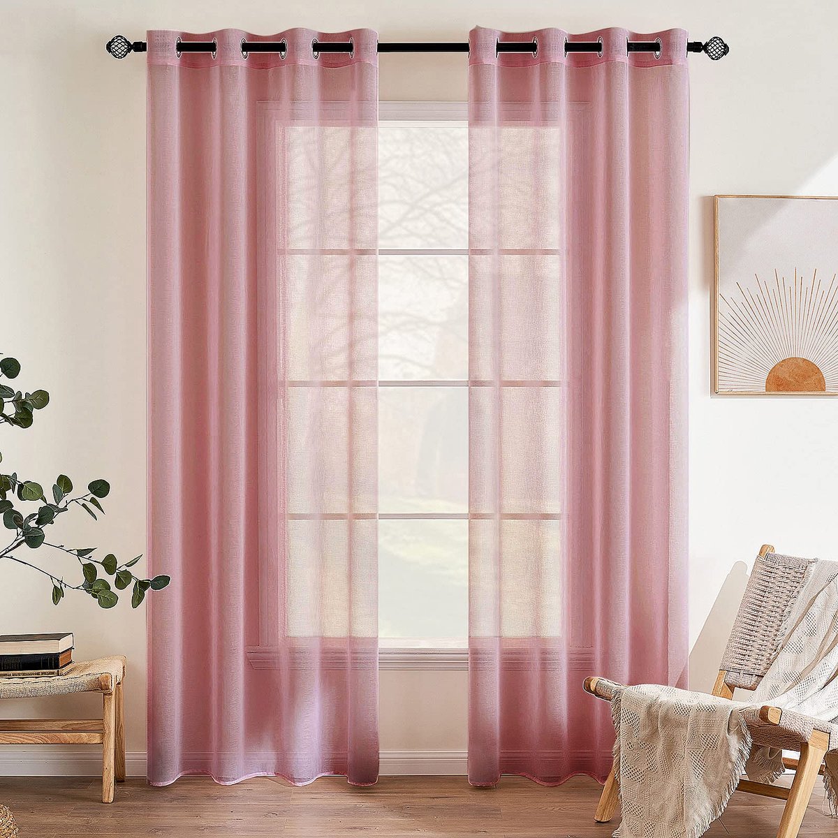 Ibenzoa Elegant Transparant Gordijnenset voor Slaapkamer en Woonkamer met Luchtige Polyester Stof, Donkerroze, 2 Stuks