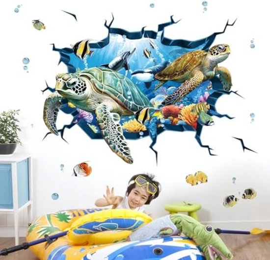 Foto: Polkahome 3d onderwater oceaan schildpad muursticker zelfklevende decoratie voor kinderkamer slaapkamer woonkamer of badkamer inclusief 2 vellen 30cm x 90cm per vel 