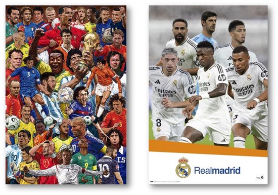 Voetbal poster set - Twee verschillende voetbal posters - Voetbalspelers collage - Real Madrid - Formaat 61 x 91,5 cm