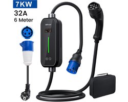 JUNSUN Draagbare 3.68/7kW 16/32A 1-Fase EV Laadkabel - Type 2 Laadpaal , 6M Kabel + LCD Scherm & Opbergtas - 6A/8A/10A/13A/16A/20A/24A/32A Schakelbaar - IEC62196-2 & IP65