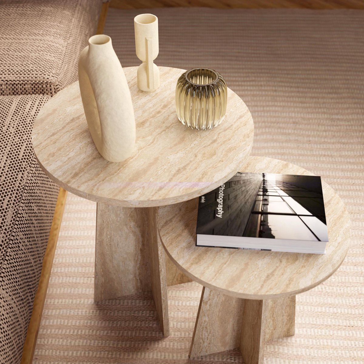 Travertijnlook Ronde Nesting Table Side Table Modern Coffee Table Set van 2 - MDF