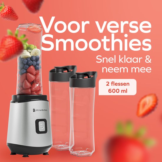 KitchenBrothers Mini Blender - Blender to Go - Smoothie Maker - 2 To-Go Bekers 600 ml - RVS van KitchenBrothers — afbeelding 3