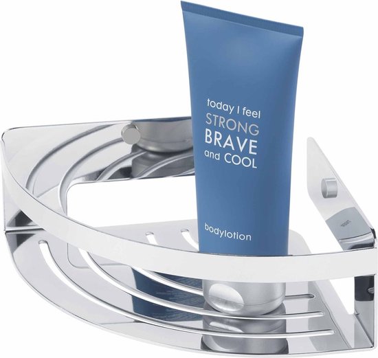 Chromen hoekdouchebak met een blauwe tube bodylotion.