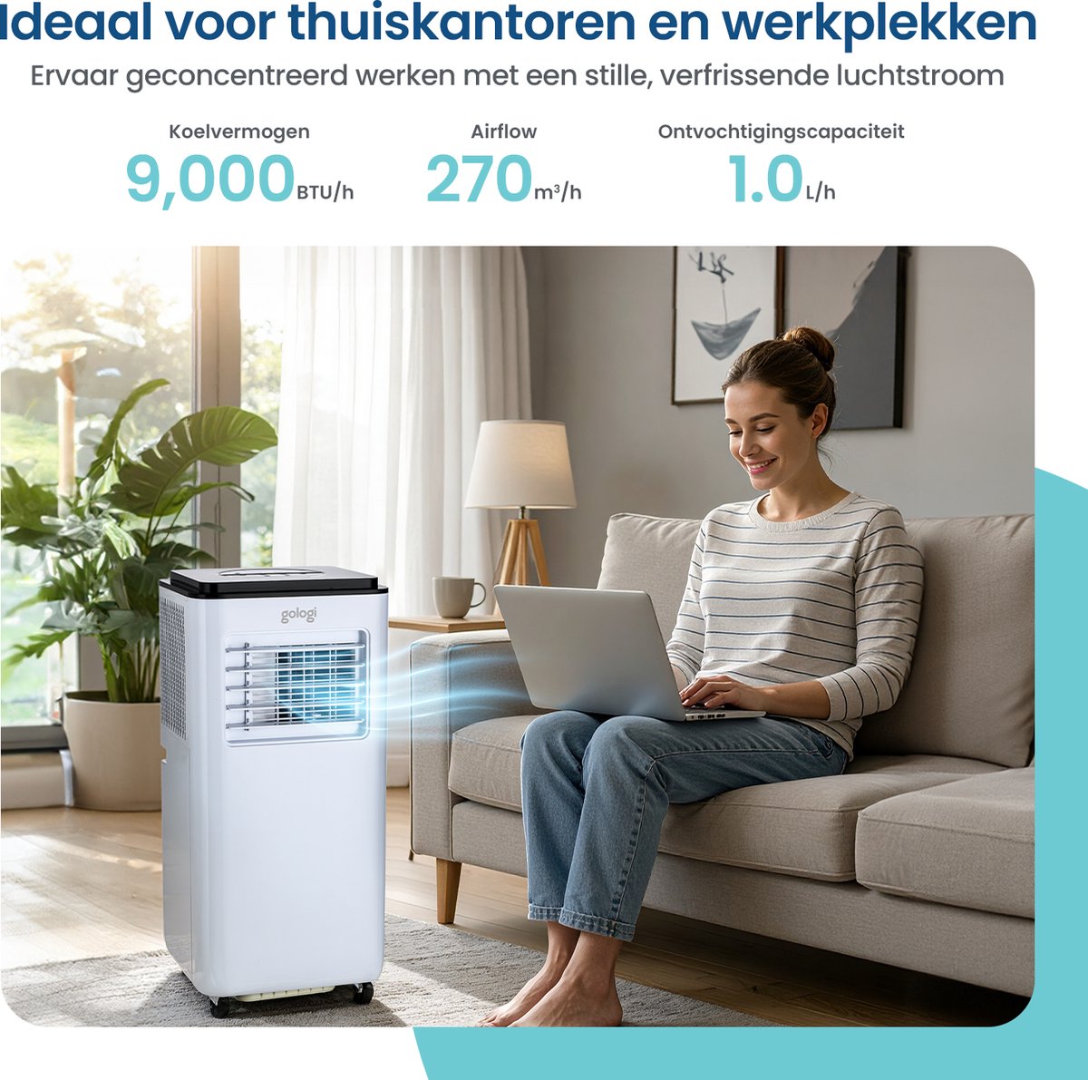 Afbeelding 3 van Gologi 3-in-1 Mobiele Airco - Aircooler met Wifi en App -