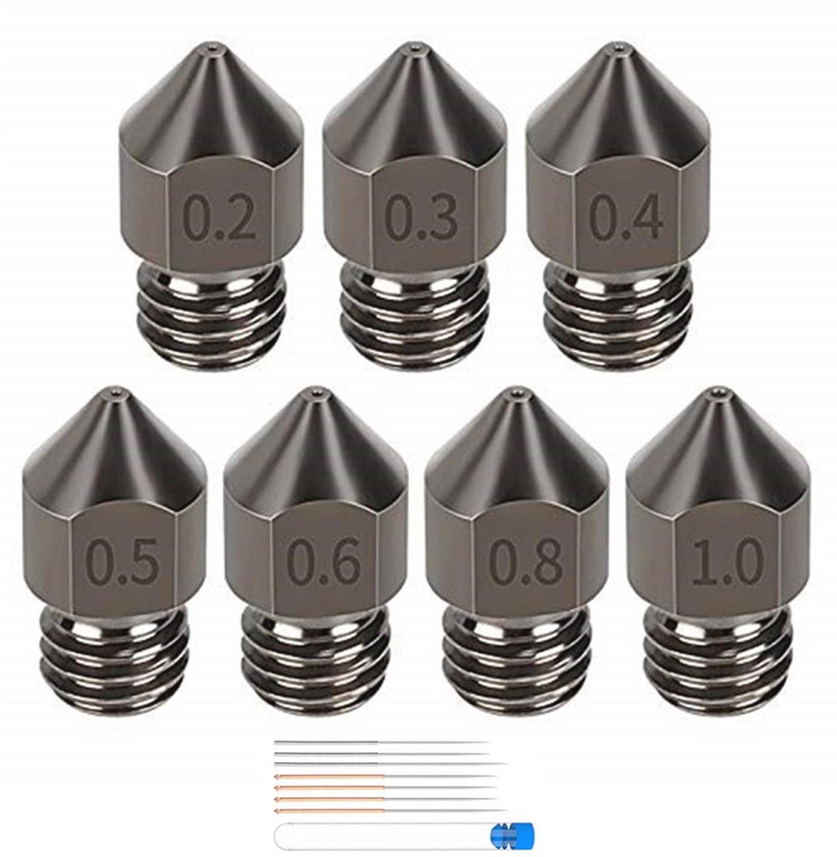 7-delige set MK8 spuitmonden van gehard staal met diverse maten en reinigingsnaalden voor 3D-printers