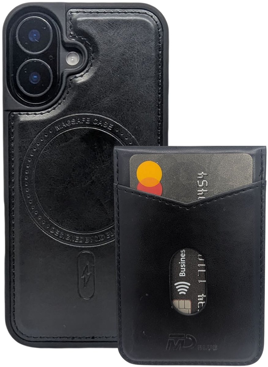 MDblue - Elegant Zwart Leren Magnetic Hoesje geschikt voor Apple iPhone 16 -Draadloos Opladen en Pashouder 4X