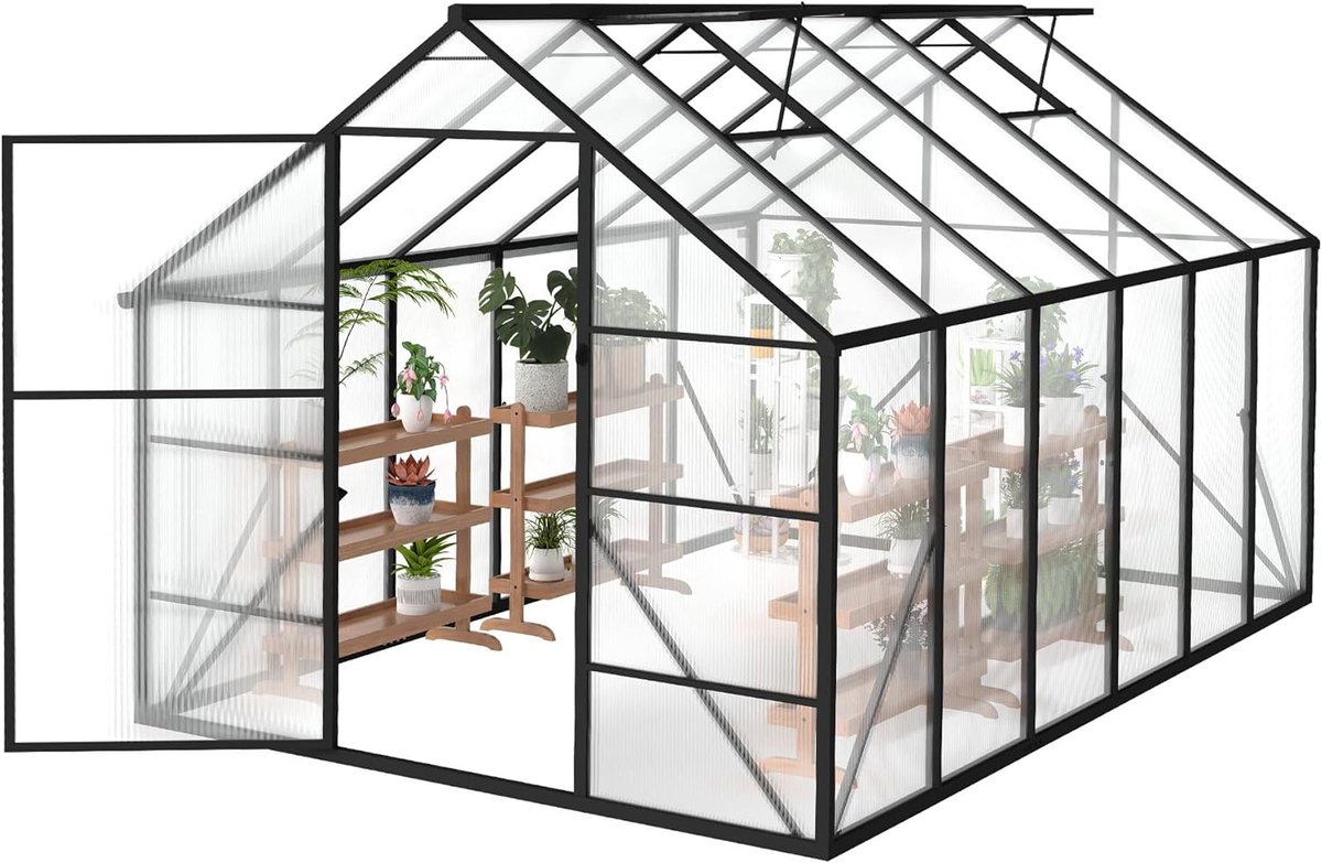NAIZY Broeikas, aluminium tuinkas, met 6 cm fundering en 4 mm pc-plaat, broeikas, tomatenkas, tuinhuis, uv-bestendig, weerbestendig, voor de tuin, 380x250x205 cm