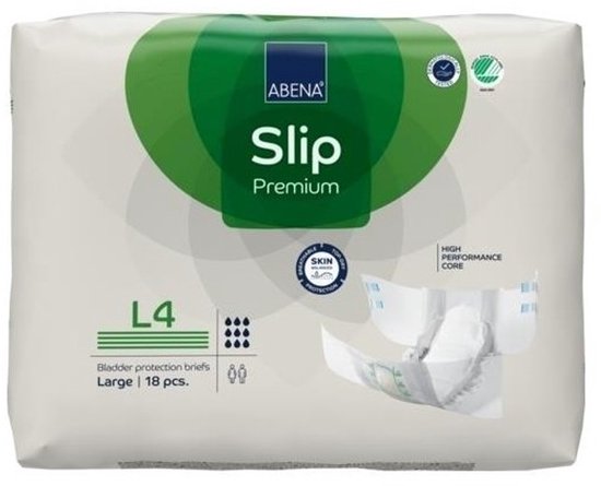 Pak Abena Slip Premium L4, met groene en witte branding. Bevat 18 stuks.