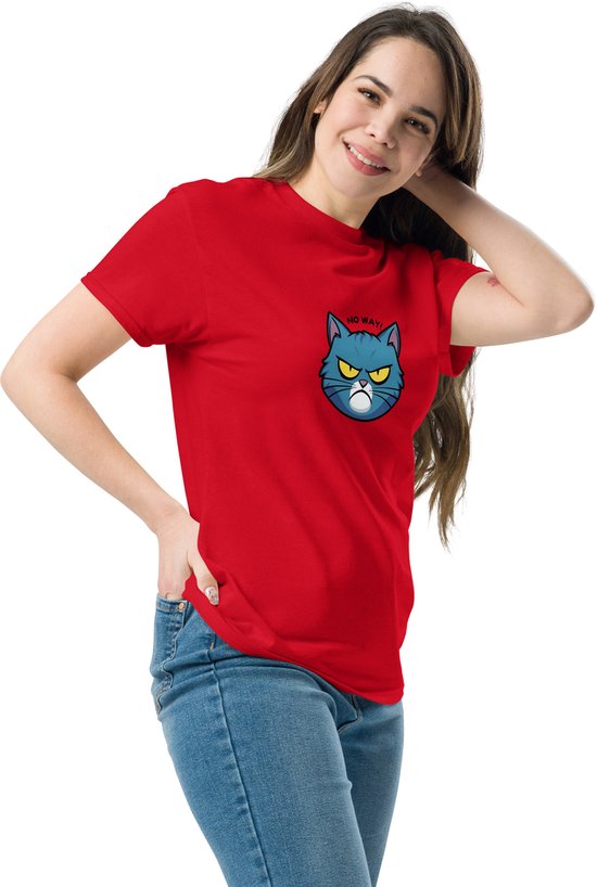 Rood t-shirt met op de borst een blauwe boze kat met de tekst "NO WAY!"