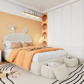 Kinderbed - tweepersoonsbed - konijnenoren met instelbare helderheid - met opbergruimte - 2 opbergkrukken - wit - 140x200cm - zonder matras