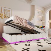 Ligbed - 140x200cm - slaapbank - zonder matras - LED-verlichting - USB-poort - Type-C - imitatiefleece - wit
