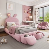 Kinderbed - eenpersoonsbed - konijnenoren met instelbare lichtsterkte - met 2 opbergkrukken - roze - 90x200cm - zonder matras
