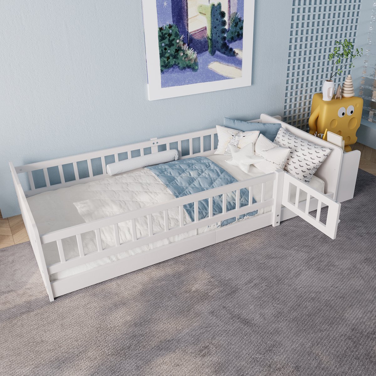 Merax Kinderbed - 90 x 200 cm - Open opberging - Planken - Te openen behuizing - Zonder matras - Wit