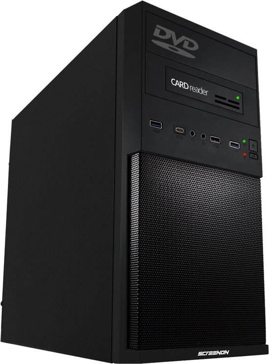 Zwarte, rechthoekige computerkast met een DVD-drive en kaartlezer aan de voorzijde.