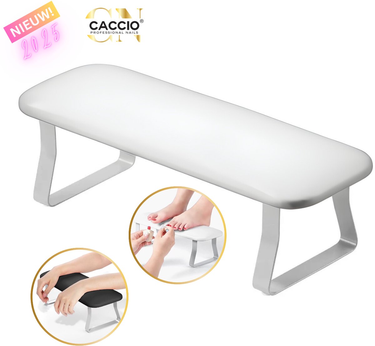 Nagel Handkussen – Armsteun nagelstyliste - Nagel armsteun - Handarmsteun - Ergonomische Armsteun voor Manicuretafel – Wit met Roestvrijstalen Poten – nagelkussen - manicure armsteun - handsteun voor nagelsalon - armkussen manicure-NIEUW 2025 Model