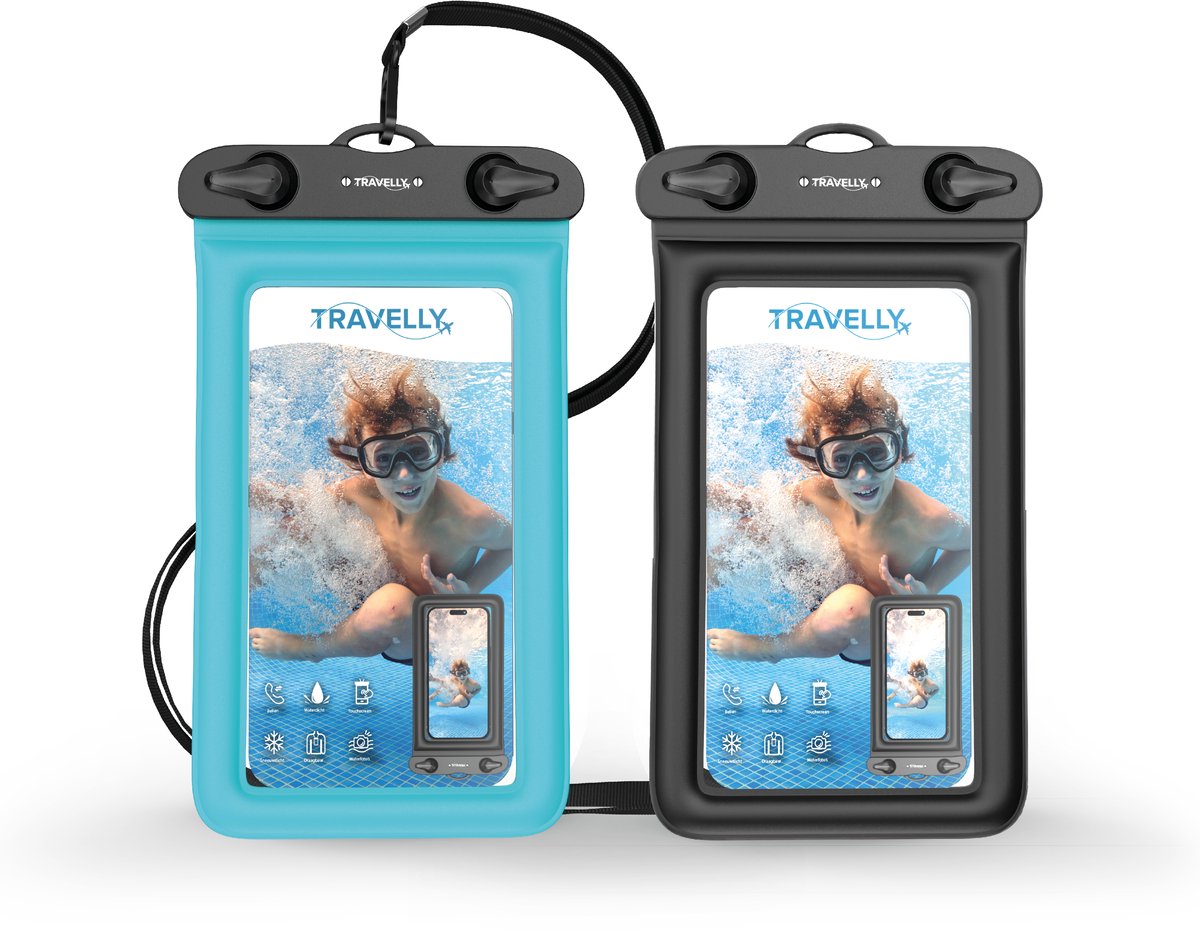 Travelly ® Waterdicht Telefoonhoesje Set van 2 – Universeel Onderwater Hoesje voor Smartphone – Geschikt voor alle telefoons – Drybag – Voor Vakantie, Zwemmen & Watersport – Zwart/Blauw