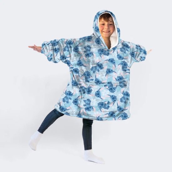Disney Lilo & Stitch Hoodie Fleece deken, Blue Flower - Kind - One Size (7-14 jaar) - Polyester