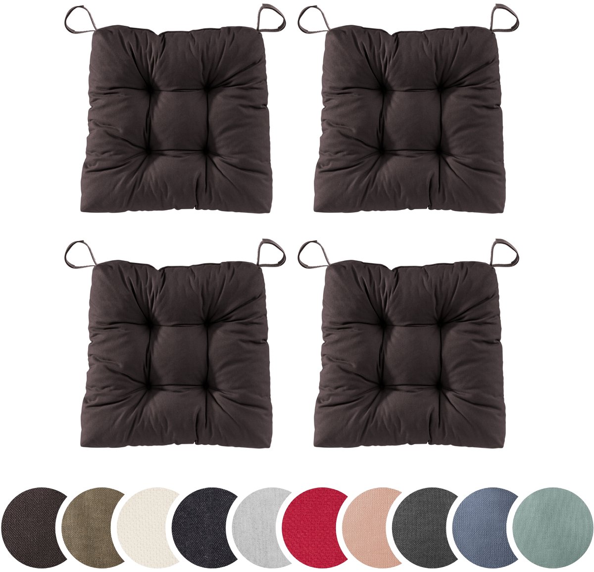 sleepling set van 4 stoelkussens Basic 20 | 40 (voorkant) / 35 (achterkant) x 38 x 7 cm | zitkussen voor binnen en buiten | hoes van 100% katoen | met klittenband | Made in EU | bruin