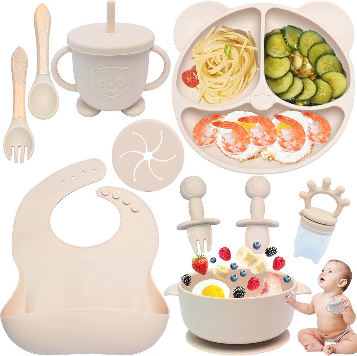 Image of 10-delige siliconen babyservies set met antislip zuignap - Eenvoudig in gebruik en schoon te maken