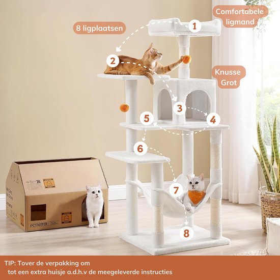 Arbre à chat blanc de 143 cm de haut avec des pièces numérotées et deux chats.