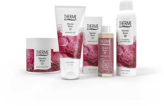 Therme Mystic Rose body butter, shower gel, massage oil en foaming shower gel met rozenprint.