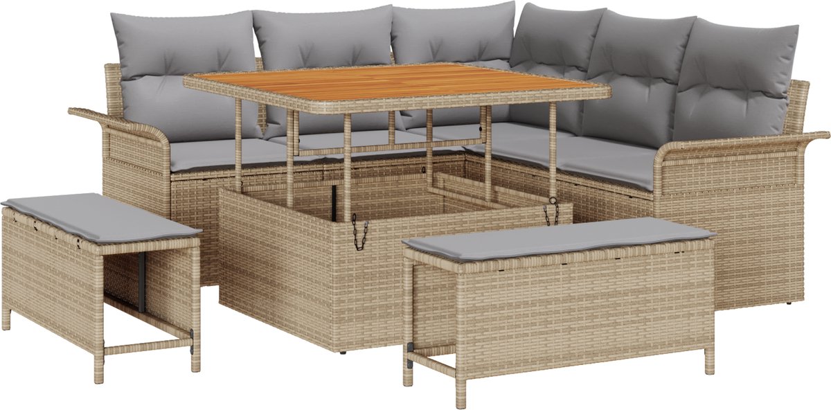 vidaXL - Tuinbank - Set - met - kussen - 8 - pcs - Beige - poly - rattan