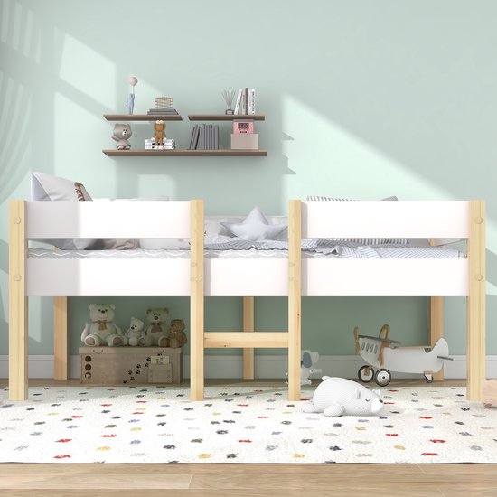 Lit mi-hauteur - Lit enfant avec protection antichute - Pin massif - 90x190 cm - Wit et Chêne - Sans matelas
