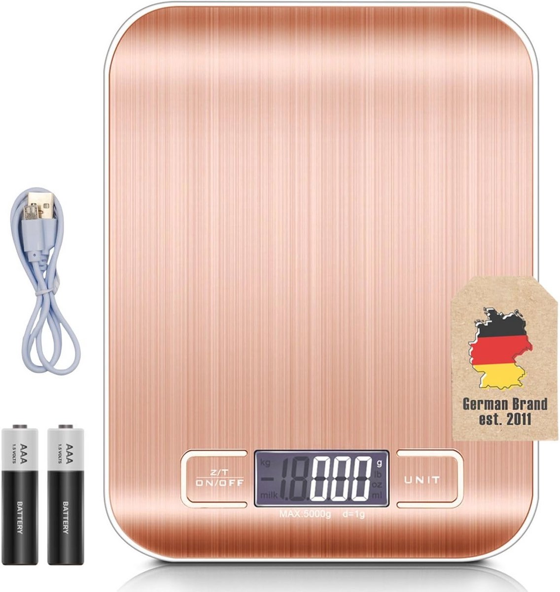Digitale Keukenweegschaal 5 kg - Oplaadbaar via USB - Elektronisch met Tarrafunctie - Nauwkeurig LCD-Display