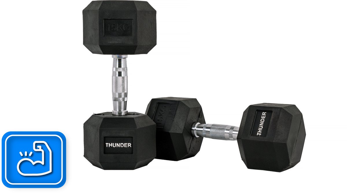 THUNDER® HEXAGONAL-DUMBBELLS-15KG Zwarte Rubberen Halter Stalen Kern Voor Krachttraining & Fitness Antislip Duurzaam & Professioneel Per Stuk - Stevige Grip – foto 6