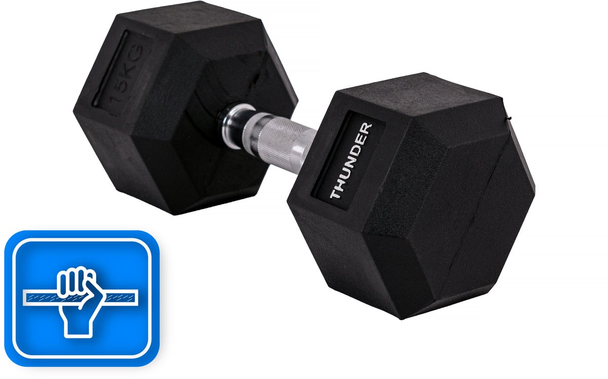 THUNDER® HEXAGONAL-DUMBBELLS-15KG Zwarte Rubberen Halter Stalen Kern Voor Krachttraining & Fitness Antislip Duurzaam & Professioneel Per Stuk - Stevige Grip – foto 2