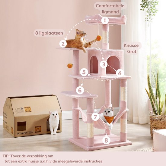 Roze kattenkrabpaal met 8 slaapplaatsen, speelgoed en huisje. Een kat speelt, een kat zit in de hangmat.
