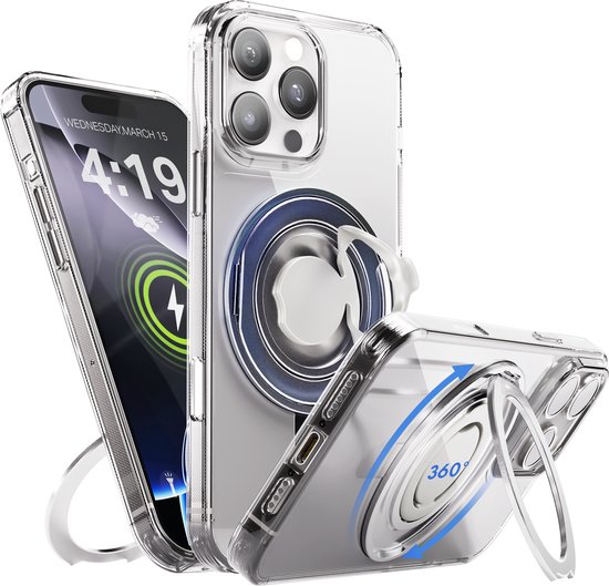Hoesje geschikt voor iPhone 16 Pro Case met 360 graden - Draaibare Telefoonstandaard – Transparant MagSafe Hoes Shockproof Grip Cover